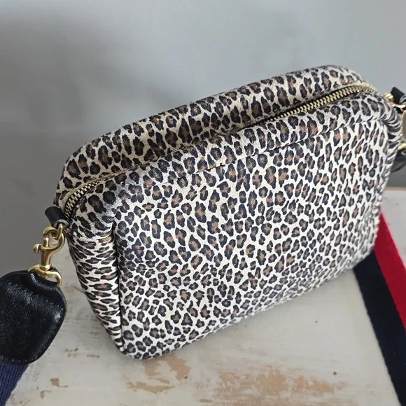 Clare V. Midi Sac Crossbody In Leopard Suede With Red/Navy Strap Bags